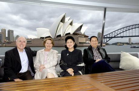 On board MV Charade with Sydney Opera House and Sydney Harbour Bridge as a backdrop