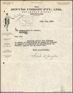 Letter from Sarah Jenyns to Commissioner of Patents with evidence in answer to her patent opposition.