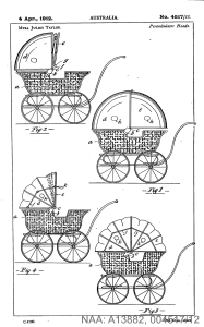 Myra Juliet Taylor complete specification for improvements in and connected with hoods of perambulators and the like 1912 NAA: A13882, 004517/12 