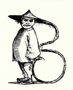 Caricature of a Chinese man with exagerated hair length.