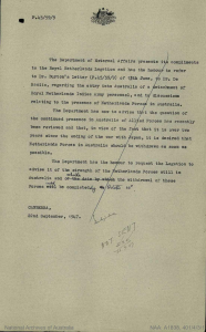 Request from the Department of External Affairs for The Netherlands to withdraw its forces from Australia in September 1947. 