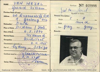 VAN WEZEL Gerard Willem - Nationality: Dutch - Arrived Sydney per Sibigo 30 October 1955 Departed Commonwealth on 18 July 1956