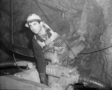 Pump attendant in the Tooma Tunnel is Italian born Romolo ("Pancho") Fubelli, 27, who has been in Australia for 7 years. In November 1959, his workmates elected him job representative for the Australian Workers Union