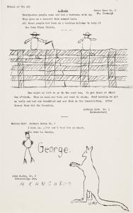Drawings of 2 people sitting on a fence, a galah and a kangaroo