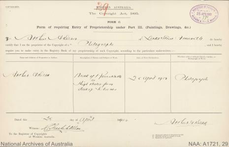 Submission for copyright registration of photographs submitted by Arthur A Dean, 1901