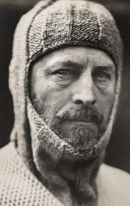 Portrait of Sir Douglas Mawson waering a wool balaclava