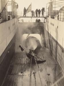 Whale being dragged on board a whaling ship.