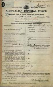 Alexander Peter Gundisch Australian Imperial Force Attestation paper with particulars