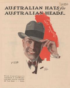 Australian hats for Australian heads featuring a man holding the brim of his hat, colour print ad.
