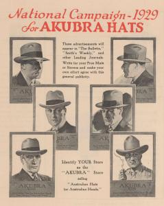An advertisement campaign from 1929 picturing 6 men wearing different styles of Akubra