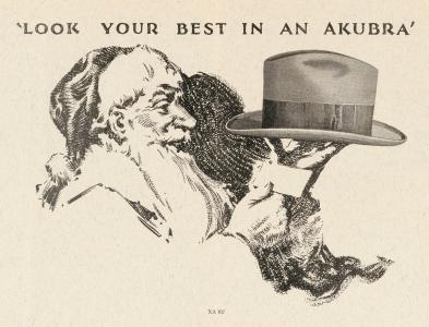 A christmas advertisement featuring a Santa figure admiring an Akubra