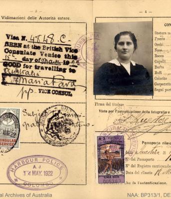 Passport of Luigia de Lazzari with her photograph and visa ‘good for travelling to Australia’. NAA: BP313/1, DE LAZZARI L