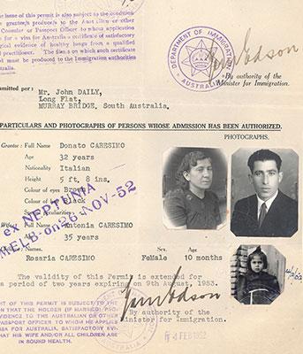 Landing permit with portrait photos for Donato, Antonia and Rosaria Caresimo from St Mauro Forte Matera, Italy. Dated 9 August 1949.