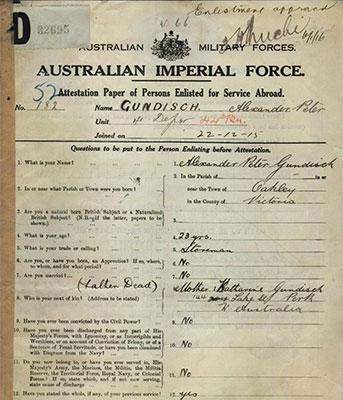 Australian Imoerial Force attestation paper for Alexander Peter Gundisch