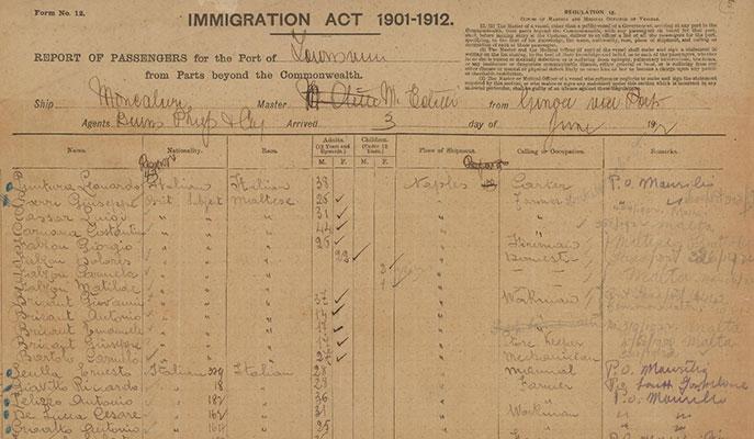 Summary of men, women and children disembarking the Moncalieri in Townsville on 3 June 1922. BP164/3, 1922/6/3 MONCALIERI