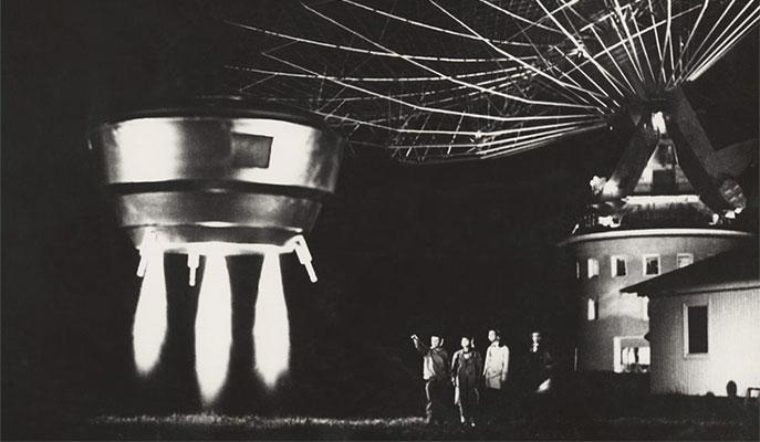 Spacecraft television prop and actors beside Tidbinbilla Tracking Station ACT.