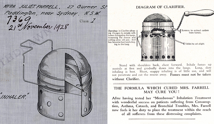 Myra Juliet Farrell application for registration of a design for a ‘Membrosus’ inhaler, 1928 NAA: A1337, 7369