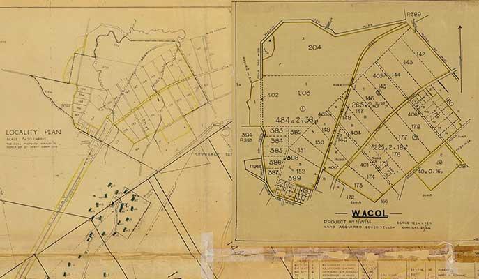 A 1945 plan of Camp Colombia, with a 1949 plan in the top right corner. 